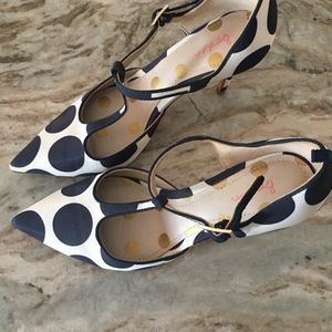 BODEN Navy Ivory Polka Dot T- Strap Shoes US 6.5